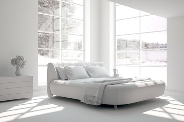 White modern bedroom. Scandinavian interior design. 3D illustration