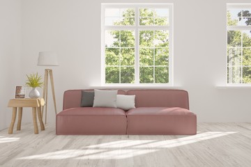 Idea of white room with sofa and summer landscape in window. Scandinavian interior design. 3D illustration