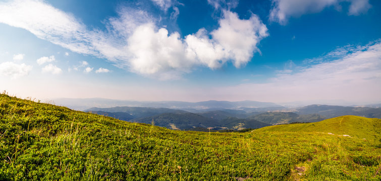 beautiful panorama of mountainous landscape. blue sky with some clouds over the grassy slope of a mountain ridge. lovely summer weather