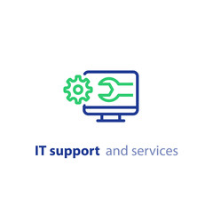 Computer upgrade, system update, software installation, repair services, IT support line icon