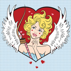 Blonde girl in costume of Cupid with bow, arrows and wings. Illustration in pop art style.