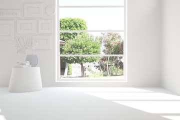 Plakat White empty room with summer landscape in window. Scandinavian interior design. 3D illustration