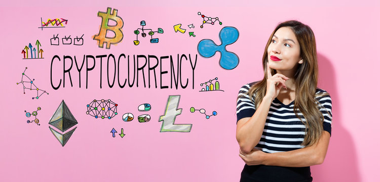 Cryptocurrency with young woman in a thoughtful pose