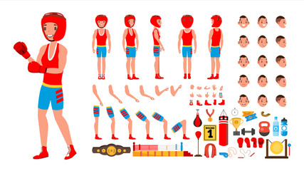 Boxing Player Vector. Animated Character Creation Set. Fighting Sportsman Male. Full Length, Front, Side, Back View, Accessories, Poses, Face Emotions, Gestures. Isolated Flat Cartoon Illustration