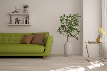 Idea of white minimalist room with green sofa. Scandinavian interior design. 3D illustration
