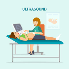 Young pregnant woman on the ultrasound. Doctor woman scanning pregnant with scanner machine in hospital office.Vector flat style illustration.