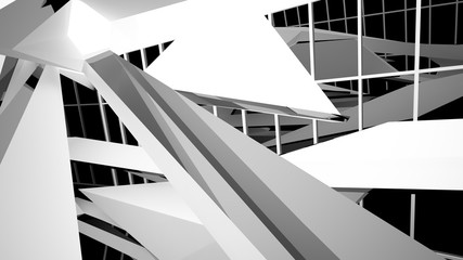 Abstract white and black interior multilevel public space with window. 3D illustration and rendering.