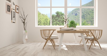 White dinner room with summer landscape in window. Scandinavian interior design. 3D illustration