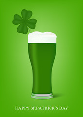 Saint Patrick's Day. Poster template with realistic glass of green beer and clover. Vector illustration