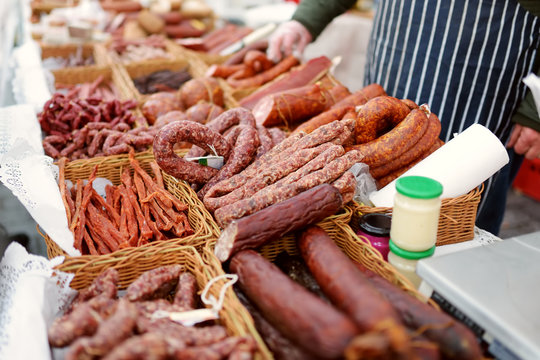 Selection of assorted home made sausages on a farmer's market in Vilnius, Lithuania.