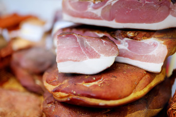 Selection of assorted home made sausages on a farmer's market in Vilnius, Lithuania.