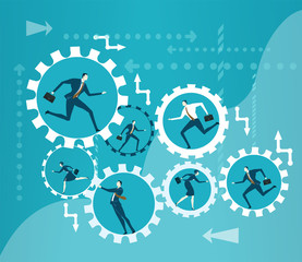  Lots of running people inside of rolling cogs. Business illustration