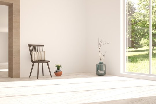 Idea of white room with chair and summer landscape in window. Scandinavian interior design. 3D illustration