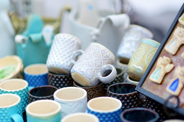 Ceramic dishes, tableware and jugs sold on Easter market in Vilnius