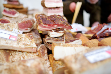Selection of assorted home made sausages on a farmer's market in Vilnius, Lithuania.