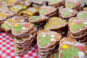 Assorted gingerbread hearts sold on traditional Lithuanian spring fair in Vilnius, Lithuania