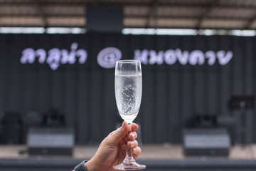 Hand woman holding a glass of white wine.
