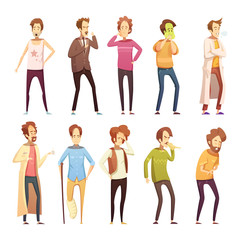 Fototapeta premium Sickness Man Retro Cartoon Icon Set