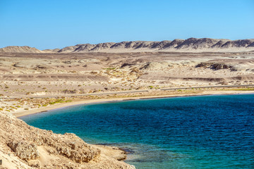 Fototapeta na wymiar The desert connects to the sea. Sandy beach and the Red Sea. The Ras Muhammad National Park.