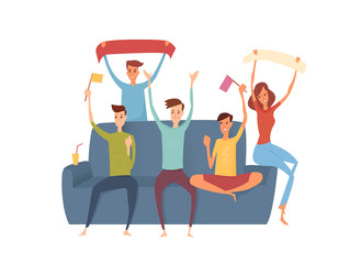 Happy friends emotionally watching sports on tv.