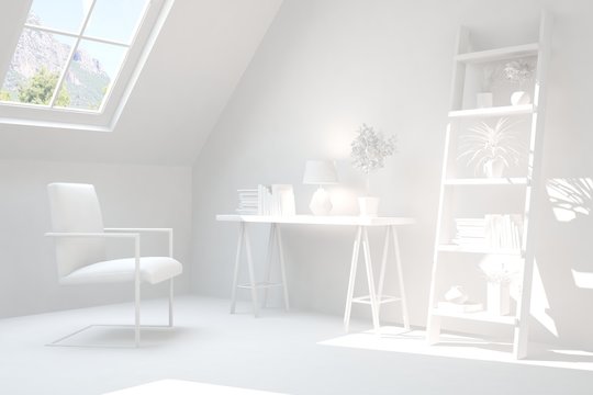 White room with armchair and table. Scandinavian interior design. 3D illustration