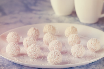 Delicious coconut candy on a white plate.