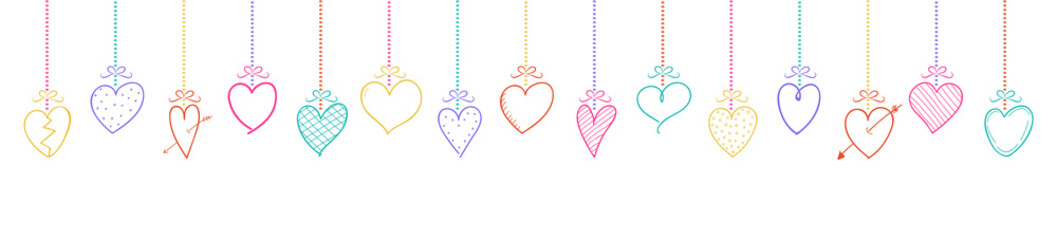 Panoramic banner with hanging hand drawn hearts. Vector.