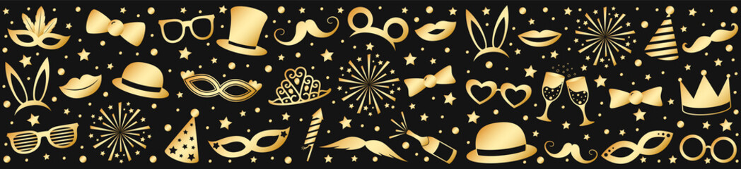 Banner with golden costumes for carnival party, birthday party or photobooth. Vector.