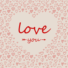 Valentine's Day poster with hand drawn hearts and wishes. Vector.