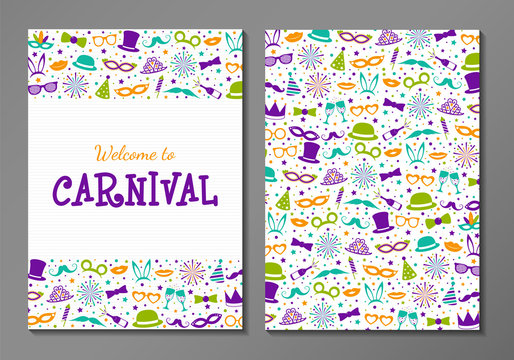 Carnival Party - two sided layout of invitation with funny icons. Vector.
