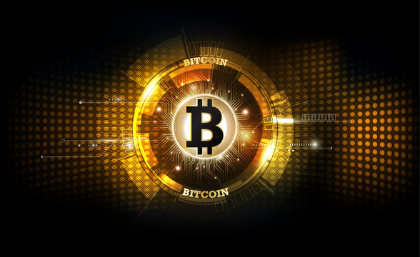 Golden bitcoin digital currency, futuristic digital money and technology worldwide network concept, vector illustration