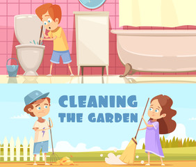 Kids Cleaning Cartoon Banners Set