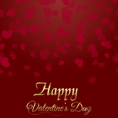 Valentine's greeting card with falling red hearts and  gold text. Vector