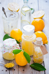 Fototapeta na wymiar Fresh lemons, Lemon Curd, lemon with sugar and Lemon Zest