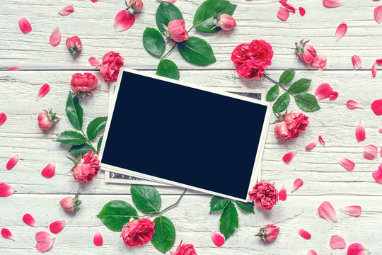 Flowers composition. frame made of pink rose flowers with blank photo frame
