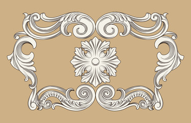 Vintage baroque frame border leaf scroll floral ornament engraving retro flower pattern antique style swirl decorative design element