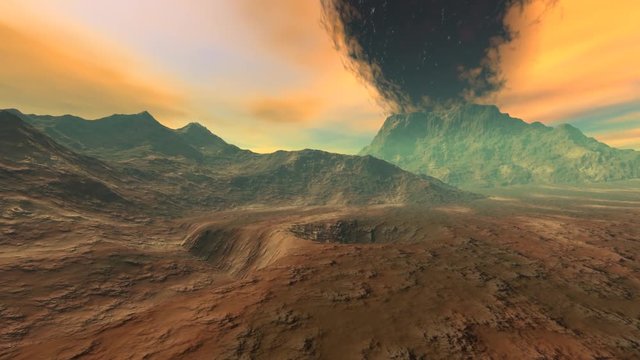 Volcano, a martian landscape, a beautiful animation, black smoke in a fantastic sky.