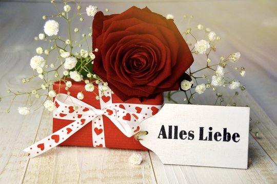 Rote Rose mit Geschenk zum Valentinstag