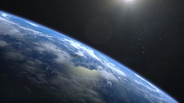 The satellite is orbiting the Earth. The satellite is flying from far away, and disappears from the camera. Satellite scan and monitor the Earth. The earth rotates slowly. 4K.