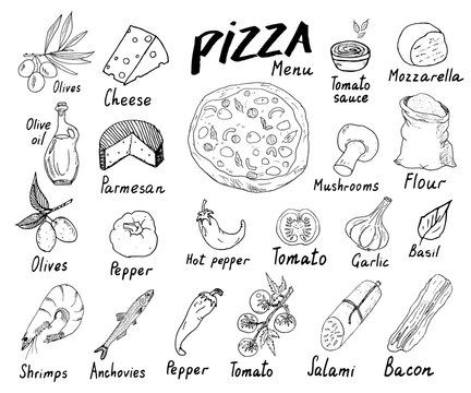 Pizza menu hand drawn sketch set. Pizza preparation design template with cheese, olives, salami, mushrooms, tomatoes, flour and other ingredients. vector illustration isolated on white background