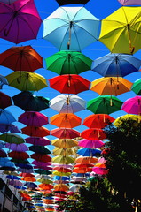 Obraz premium Colorful umbrellas in the sky. Background