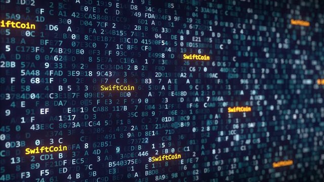 SwiftCoin captions appearing among changing hexadecimal symbols on a computer screen