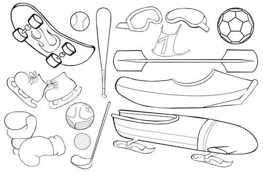 Coloring book. Sports Equipment Set.  Cartoon style.  Isolated image on white background.