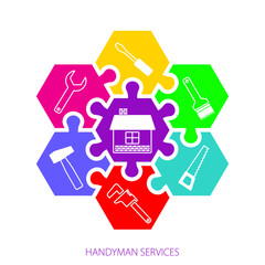 Professional handyman services logo. Concept handyman services. Hexagonal colorful puzzles and  icons of tools for remodel. Flat design. Vector illustration EPS10.