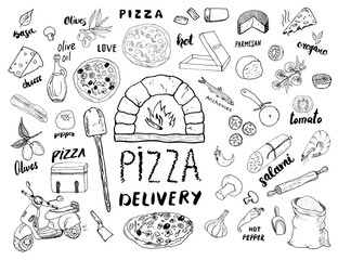 Pizza menu hand drawn sketch set. Pizza preparation and delivery doodles with flour and other food ingredients, oven and kitchen tools, scooter, pizza box design template. Vector illustration