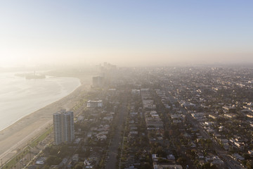 Aerial view of pacific ocean fog in downtown Long Beach, California.
