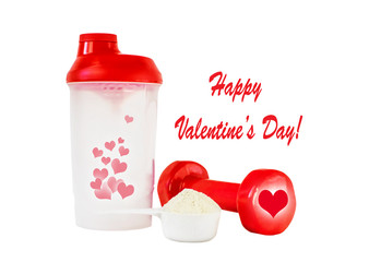 Whey protein scoop with dry food supplement and shaker for cocktails for sports nutrition. White isolated background. Red hearts in shaker and on small dumbbell, text Happy Valentine's Day
