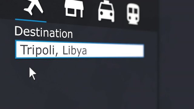 Buying airplane ticket to Tripoli online. Travelling to Libya conceptual animation