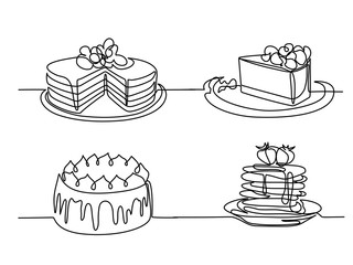Set continuous line drawing of big cake. Vector illustration black line on white background.