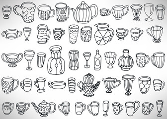 Black doodle set of hand drawn dishes, cups, teapots, glasses, vases isolated on white. Collection of kitchenware elements for design. Vector illustration.